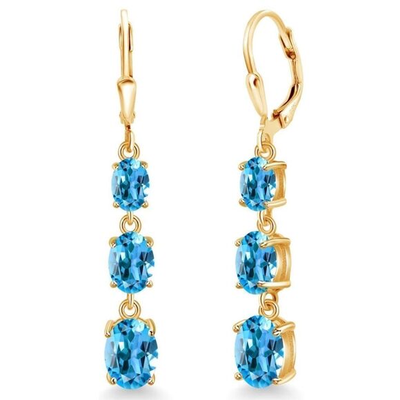 18K Yellow Gold with 6.10 Cttw 3 Stone Swiss Blue Topaz Leverback Drop Earrings